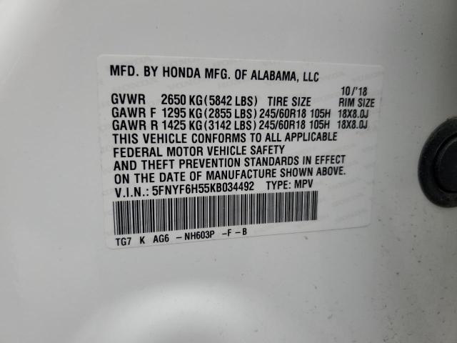 2019 HONDA PILOT EXL 5FNYF6H55KB034492