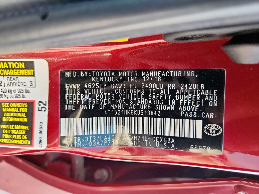 2019 TOYOTA CAMRY HYBR 4T1B21HK6KU513842