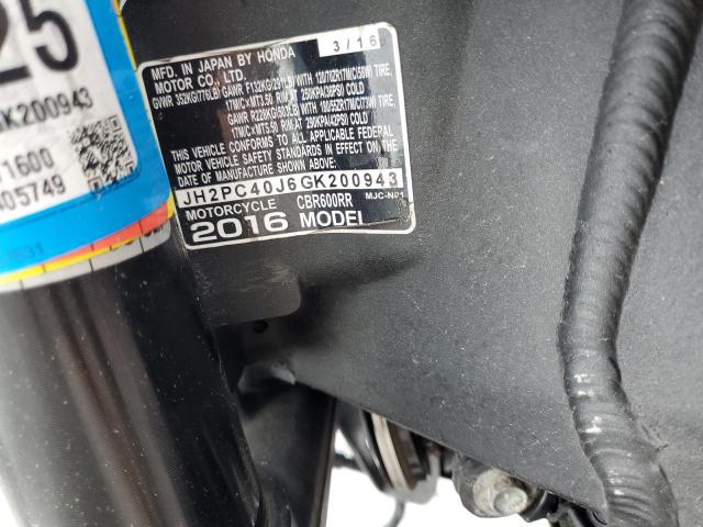 2016 HONDA CBR600 RR JH2PC40J6GK200943
