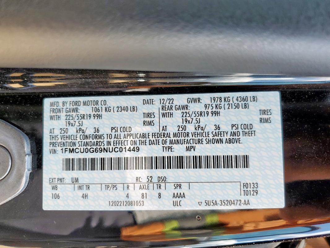 2022 FORD ESCAPE SE - 1FMCU0G69NUC01449