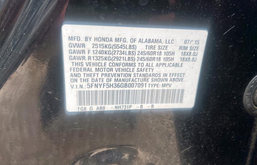 2016 HONDA PILOT EX 5FNYF5H36GB007091