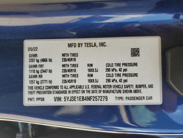 2022 TESLA MODEL 3 - 5YJ3E1EB4NF257279