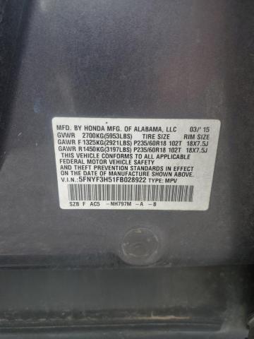 2015 HONDA PILOT EXL 5FNYF3H51FB028922