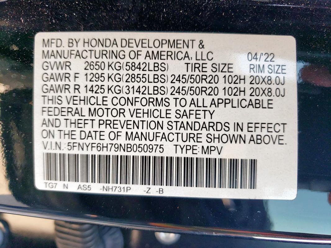 2022 HONDA PILOT BLAC 5FNYF6H79NB050975