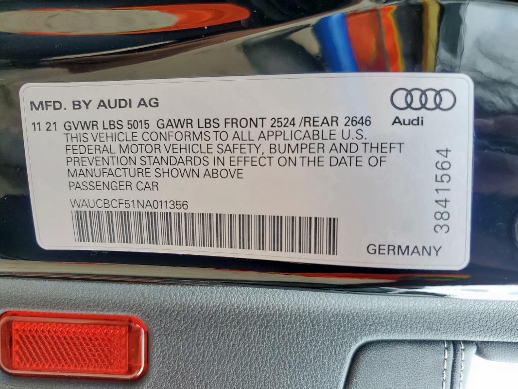 2022 AUDI A5 PREMIUM WAUCBCF51NA011356