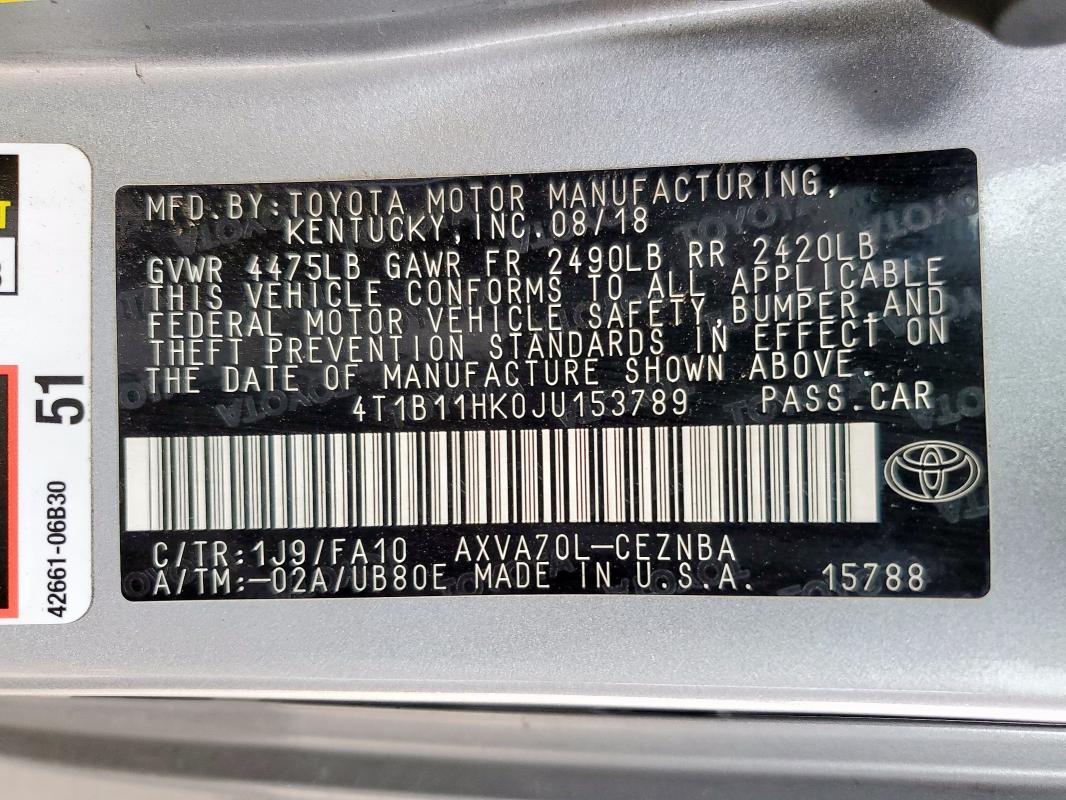 2018 TOYOTA CAMRY L - 4T1B11HK0JU153789