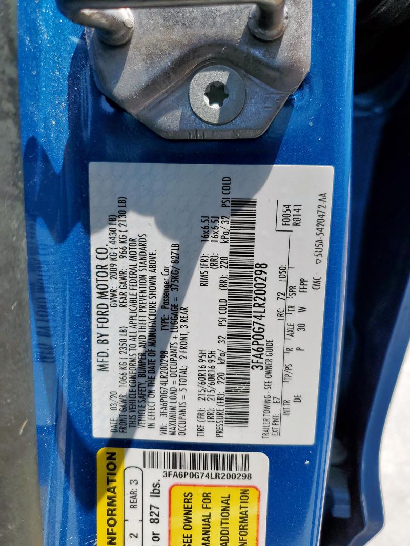 2020 FORD FUSION S - 3FA6P0G74LR200298