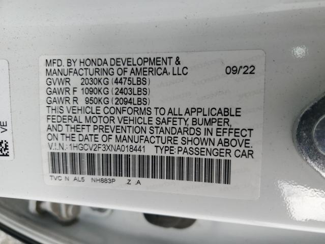 2022 HONDA ACCORD SPO 1HGCV2F3XNA018441