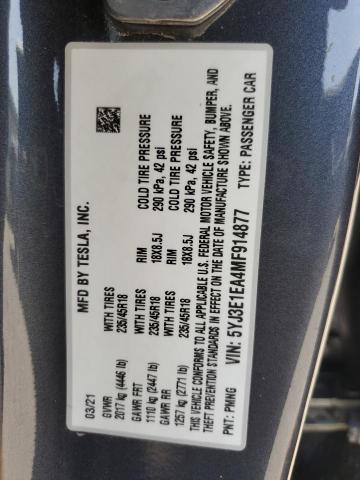 2021 TESLA MODEL 3 - 5YJ3E1EA4MF914877