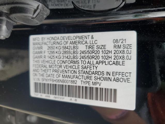 2022 HONDA PILOT ELIT 5FNYF6H06NB001882
