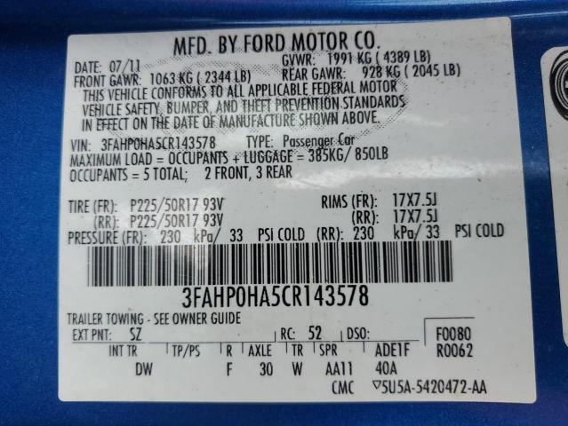 2012 FORD FUSION SE - 3FAHP0HA5CR143578