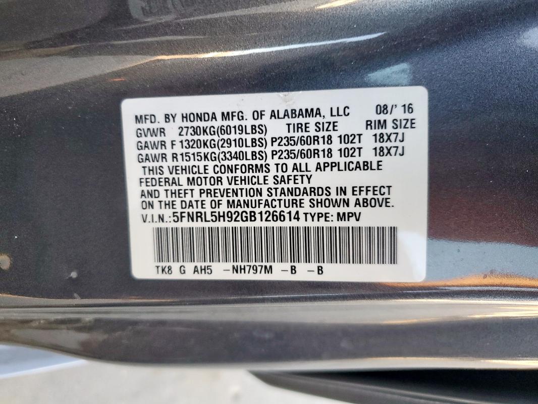 2016 HONDA ODYSSEY TO - 5FNRL5H92GB126614