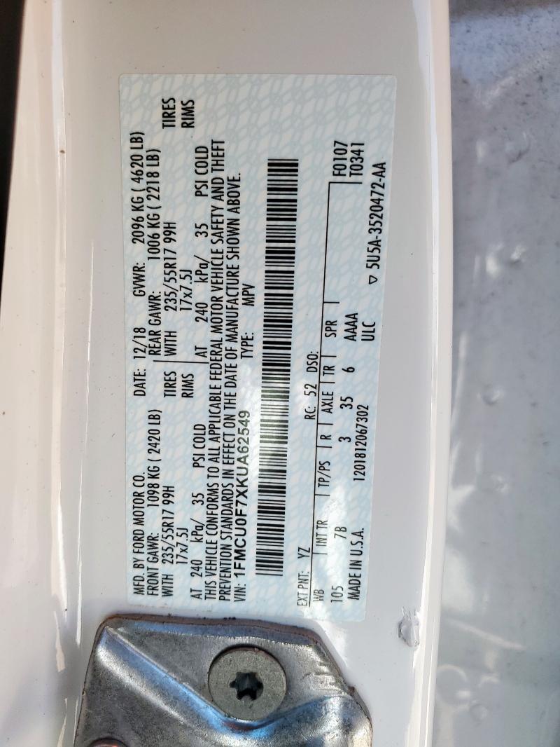 2019 FORD ESCAPE S - 1FMCU0F7XKUA62549