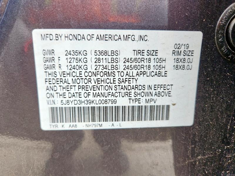 2019 ACURA MDX 5J8YD3H39KL008799