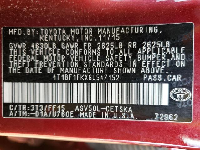 2016 TOYOTA CAMRY LE 4T1BF1FKXGU547152
