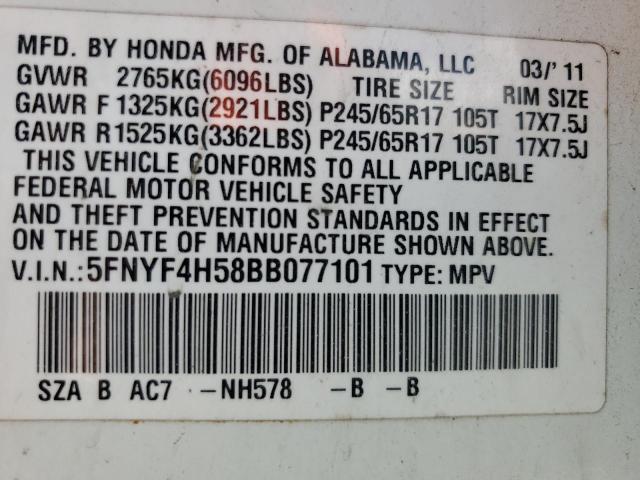 2011 HONDA PILOT EXL - 5FNYF4H58BB077101