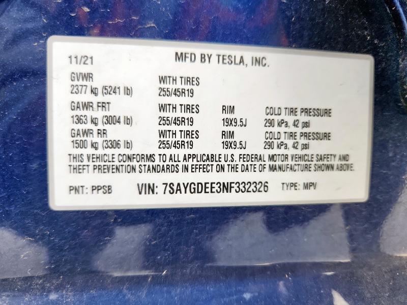 2022 TESLA MODEL Y 7SAYGDEE3NF332326