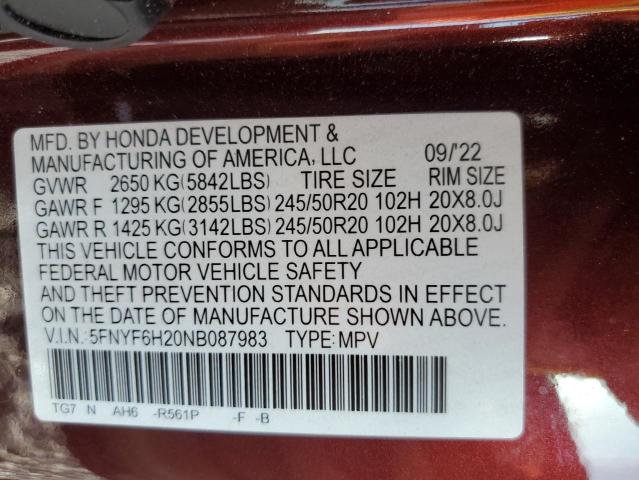 2022 HONDA PILOT SE 5FNYF6H20NB087983