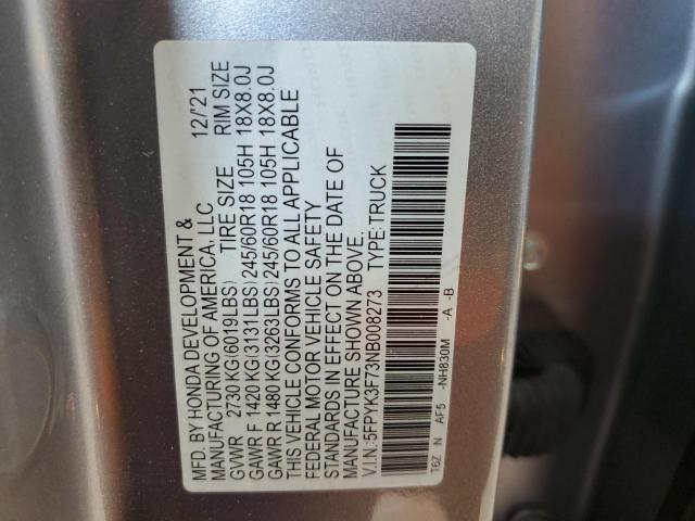 2022 HONDA RIDGELINE - 5FPYK3F73NB008273