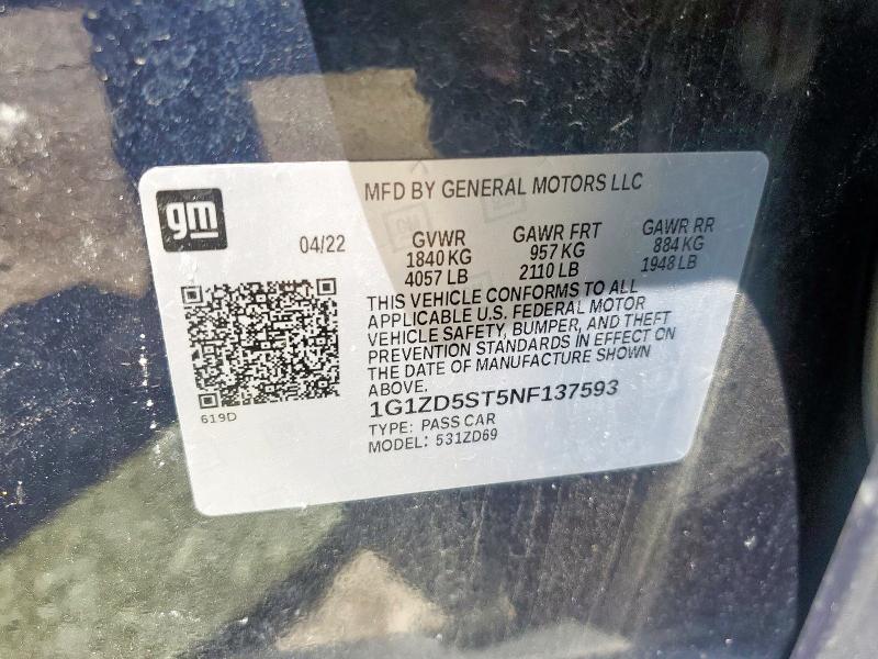 2022 CHEVROLET MALIBU LT - 1G1ZD5ST5NF137593