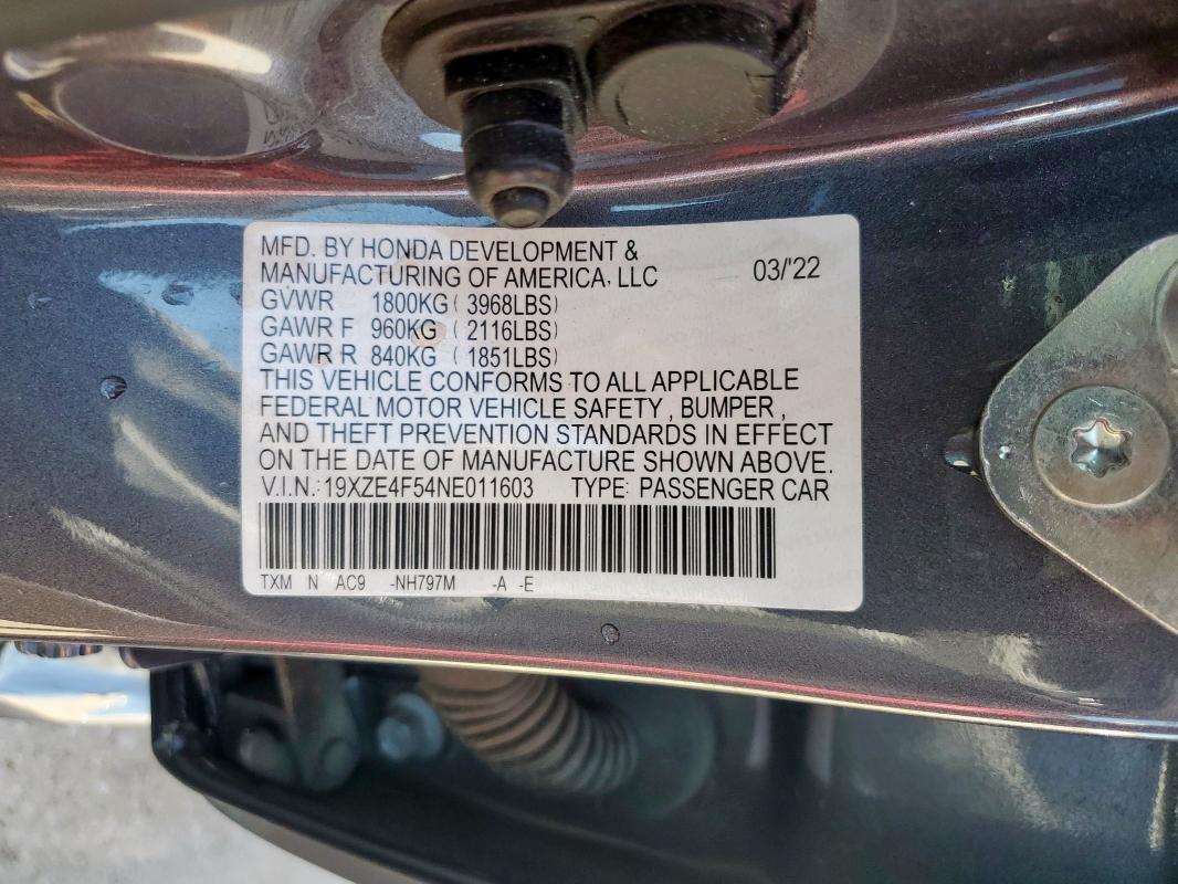 2022 HONDA INSIGHT EX 19XZE4F54NE011603