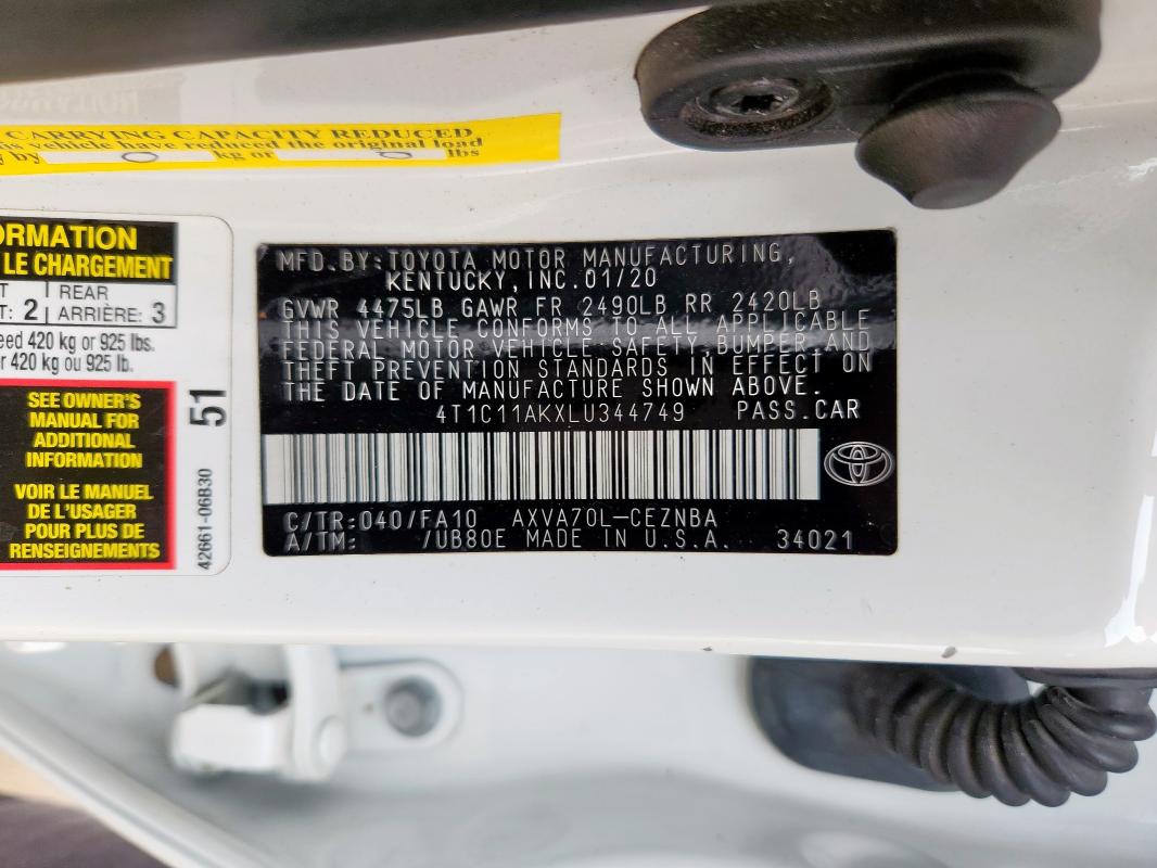 2020 TOYOTA CAMRY LE #3297198382