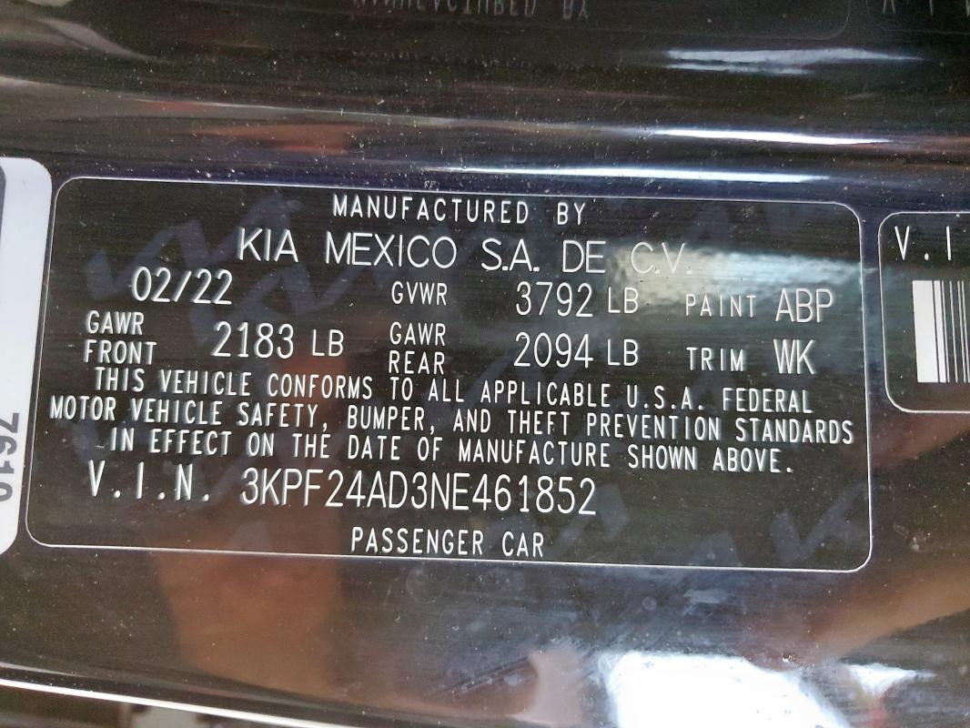 3KPF24AD3NE461852 2022 KIA FORTE