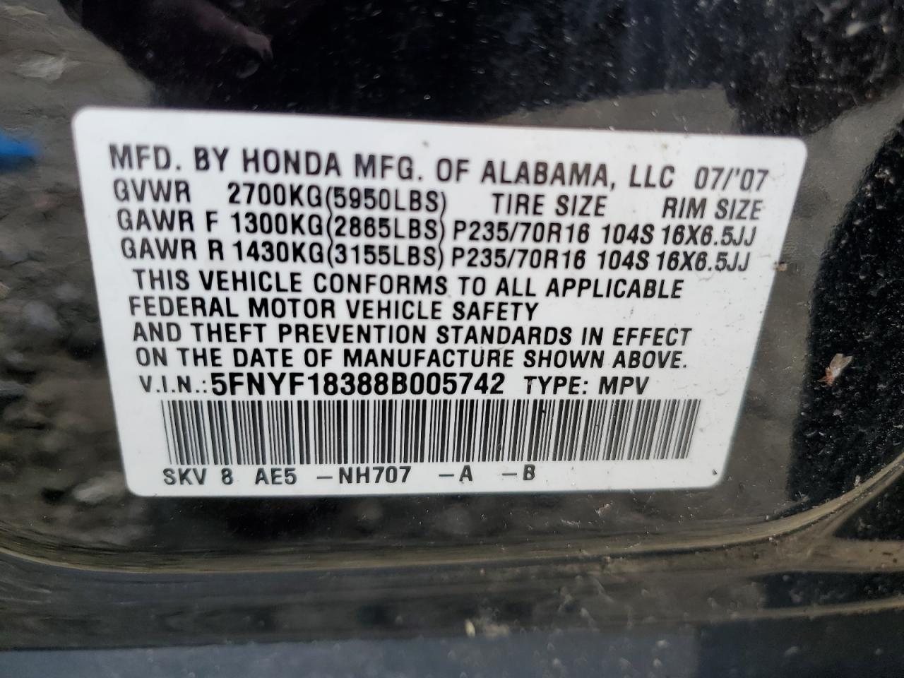 Lot #3286733285 2008 HONDA PILOT SE