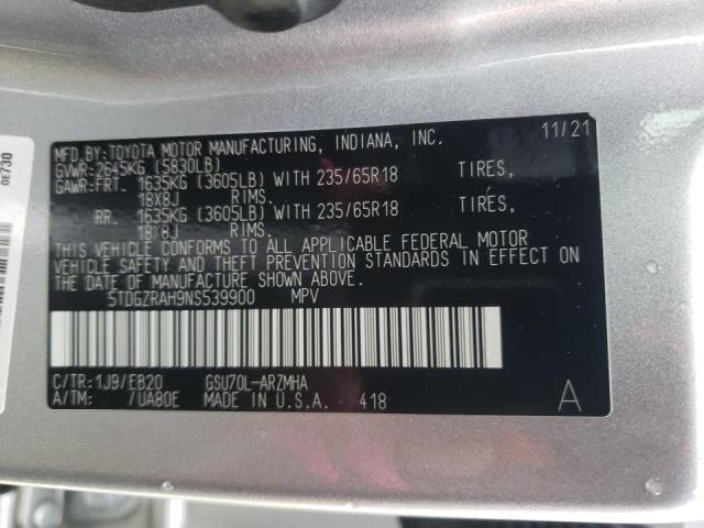 2022 TOYOTA HIGHLANDER - 5TDGZRAH9NS539900