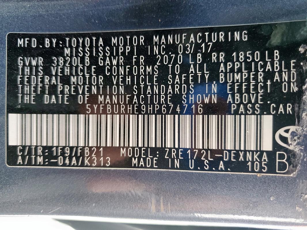2017 TOYOTA COROLLA L 5YFBURHE9HP674716