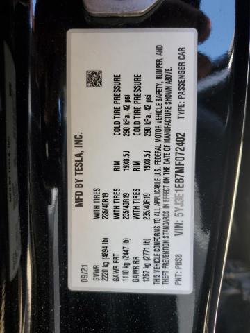 2021 TESLA MODEL 3 5YJ3E1EB7MF072402