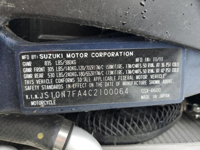 2012 SUZUKI GSX-R600 JS1GN7FA4C2100064