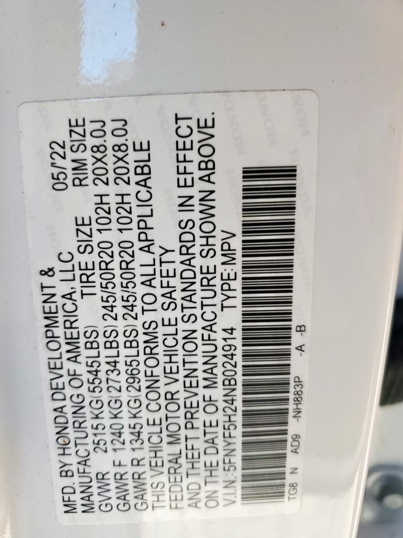 2022 HONDA PILOT SE 5FNYF5H24NB024914
