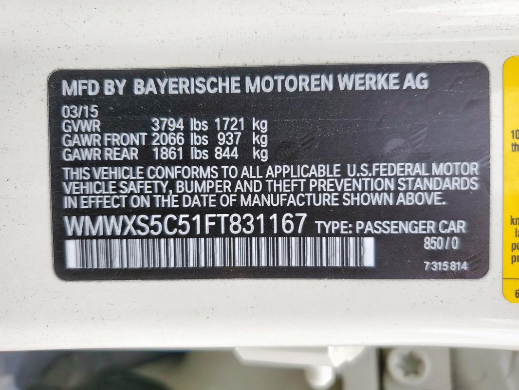 2015 MINI COOPER WMWXS5C51FT831167