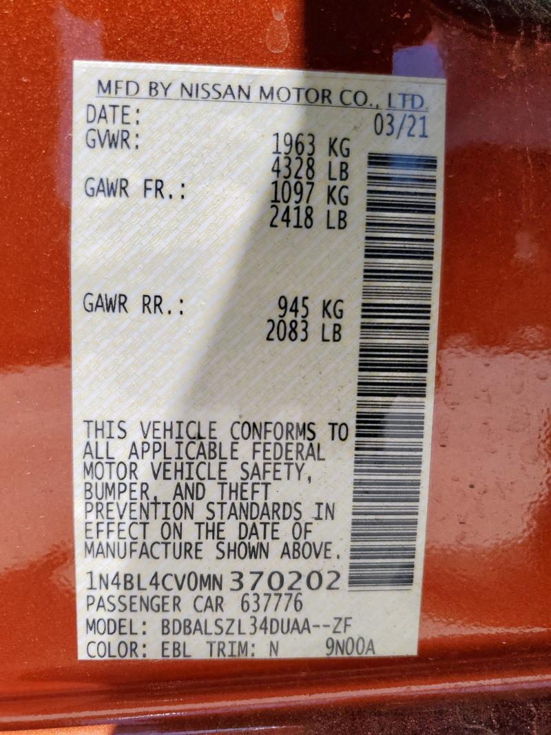 2021 NISSAN ALTIMA SR - 1N4BL4CV0MN370202