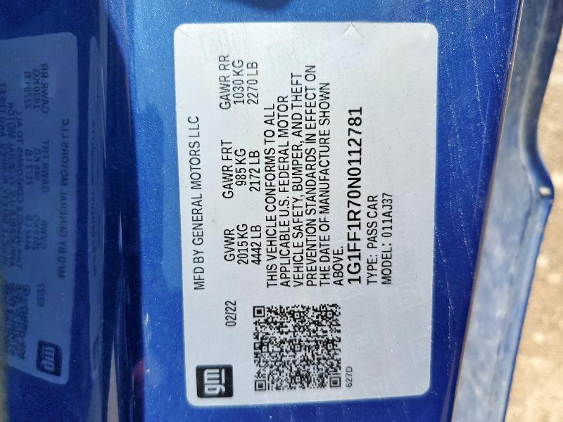 2022 CHEVROLET CAMARO LT1 1G1FF1R70N0112781