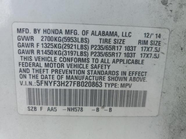 2015 HONDA PILOT LX - 5FNYF3H27FB020863
