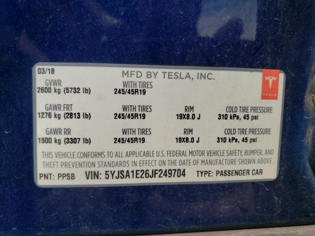 2018 TESLA MODEL S 5YJSA1E26JF249704