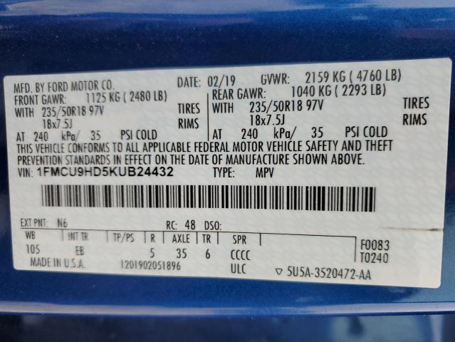 2019 FORD ESCAPE SEL 1FMCU9HD5KUB24432