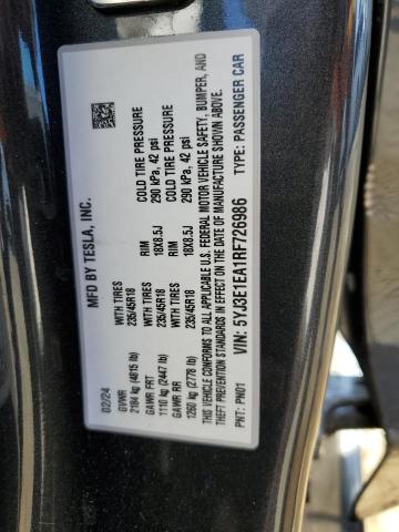 2024 TESLA MODEL 3 5YJ3E1EA1RF726986