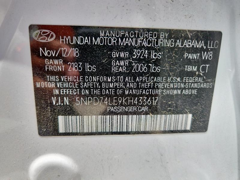 2019 HYUNDAI ELANTRA SE 5NPD74LF9KH433617