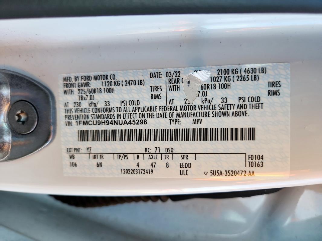 2022 FORD ESCAPE SEL - 1FMCU9H94NUA45298