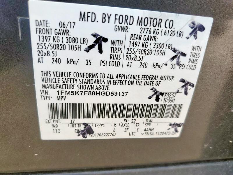 2017 FORD EXPLORER L - 1FM5K7F88HGD53137
