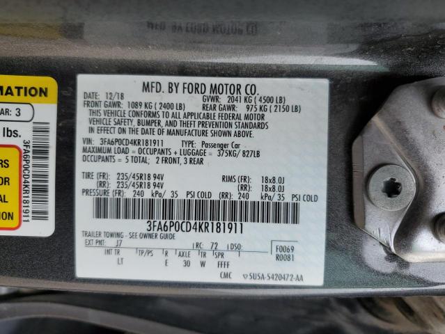 2019 FORD FUSION SEL - 3FA6P0CD4KR181911