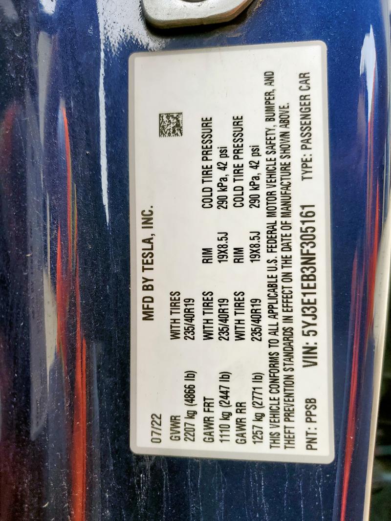 2022 TESLA MODEL 3 - 5YJ3E1EB3NF305161