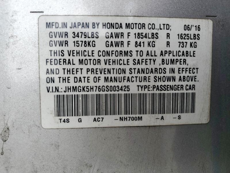 2016 HONDA FIT EX JHMGK5H76GS003425