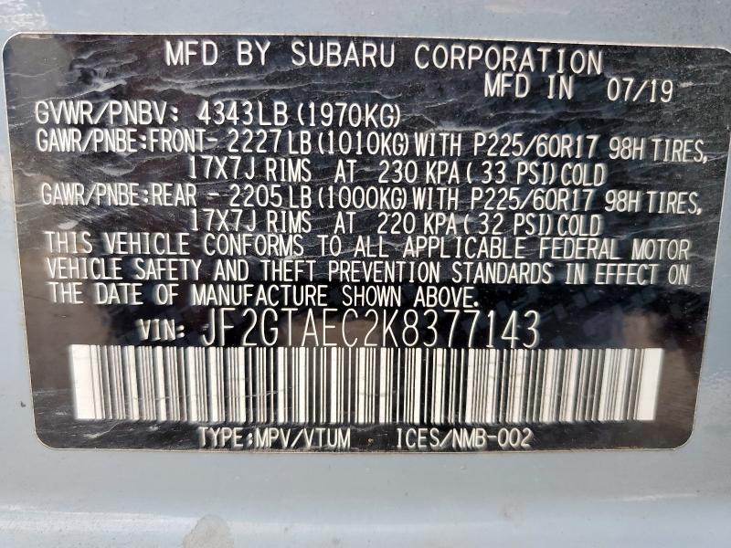 2019 SUBARU CROSSTREK - JF2GTAEC2K8377143