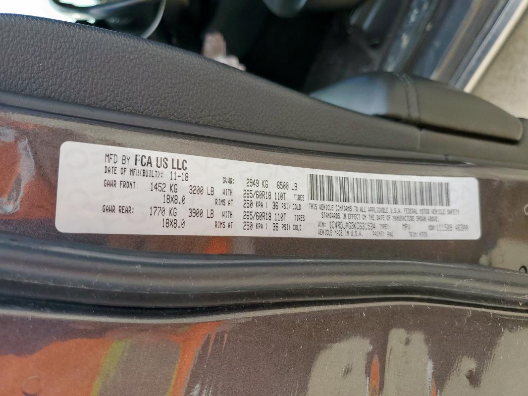 2019 DODGE DURANGO SX 1C4RDJAG3KC631534