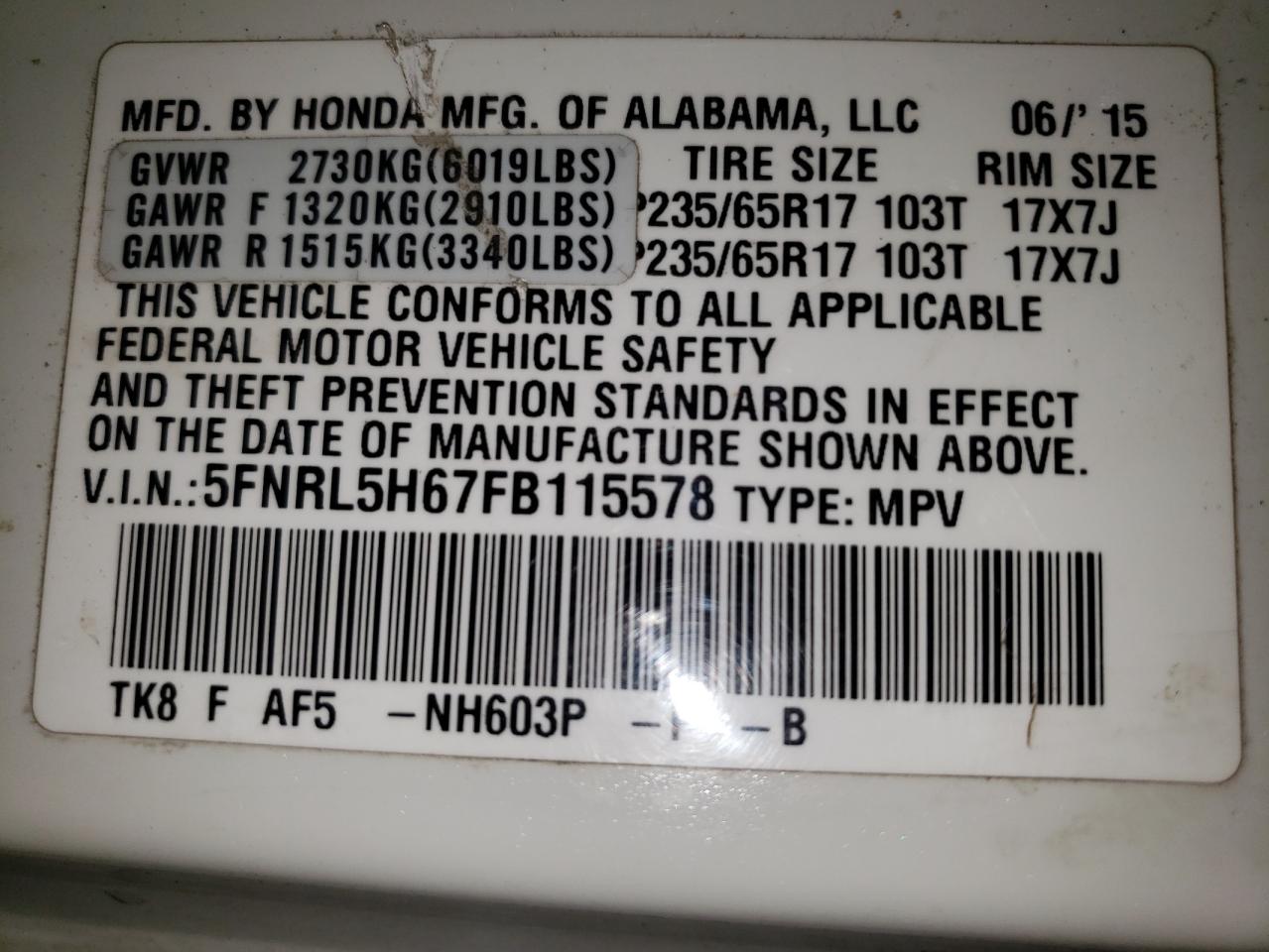 Lot #3191717304 2015 HONDA ODYSSEY EX