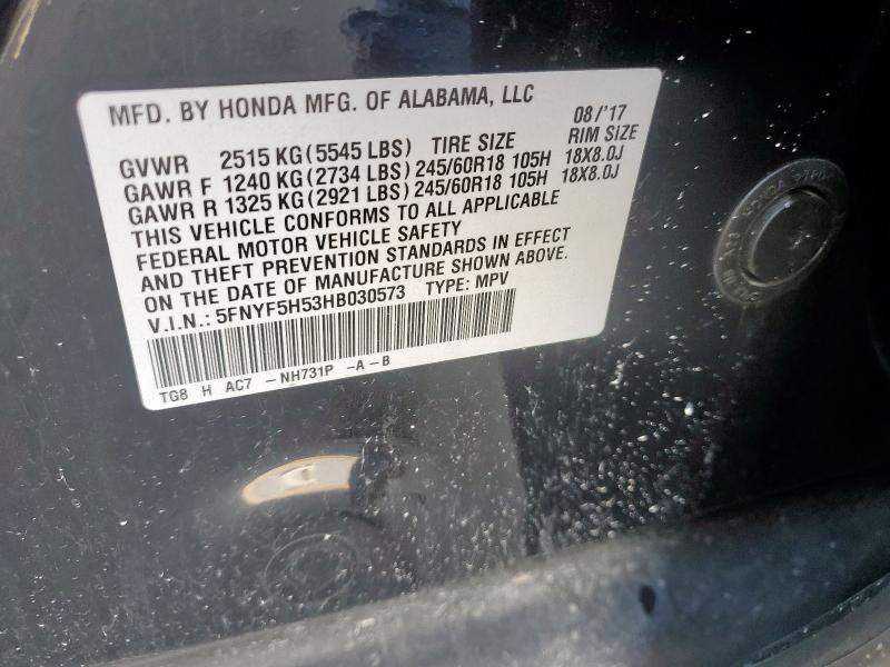 2017 HONDA PILOT EXL 5FNYF5H53HB030573